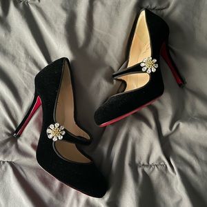 Christian Louboutin Mary Jane Velvet Booton Black Crystal Flower Shoes 36.5